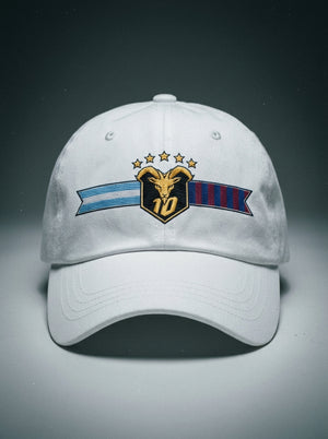 GOAT Fusión dad hat in Ocha White — front view, full-colour both-flags crest (gold goat, N°10, five stars) embroidered on the crown