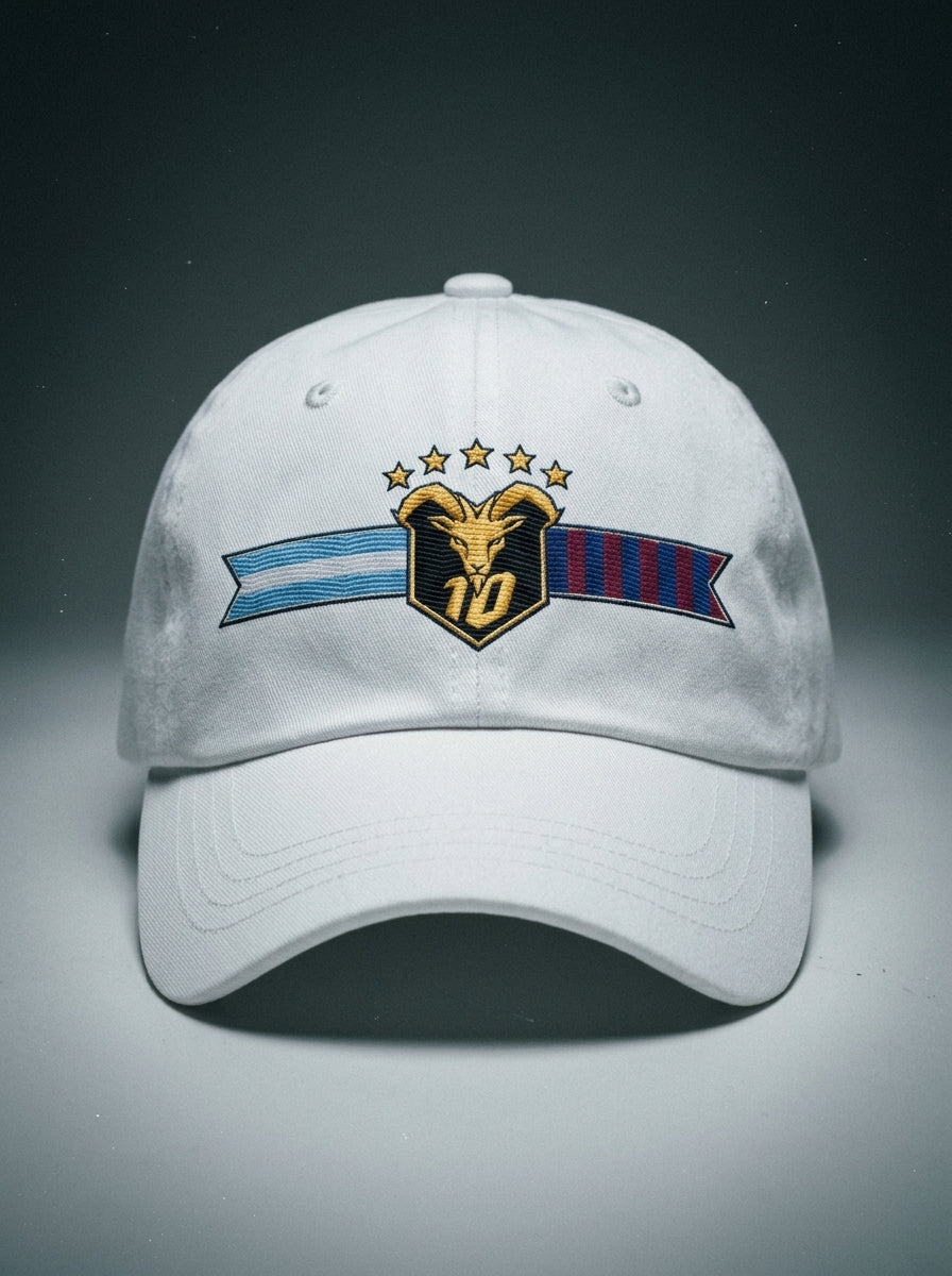 GOAT Fusión dad hat in Ocha White — front view, full-colour both-flags crest (gold goat, N°10, five stars) embroidered on the crown