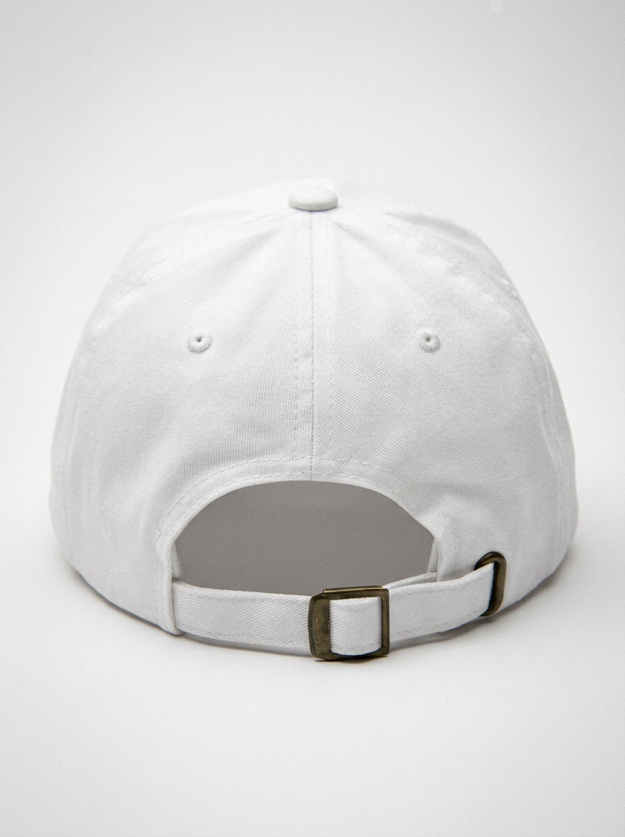 GOAT Fusión dad hat in Ocha White — rear view with the adjustable antique-buckle strap