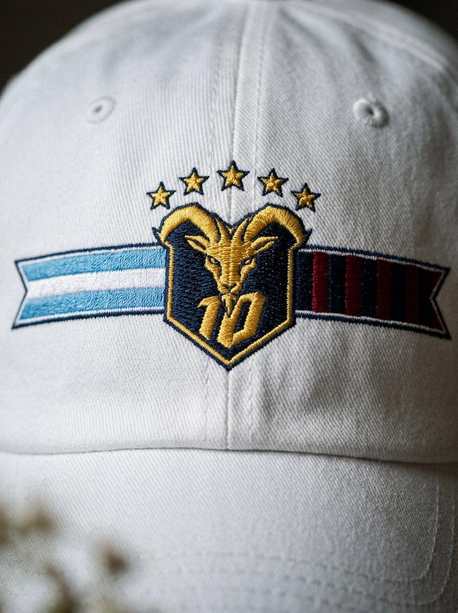 GOAT Fusión dad hat in Ocha White — macro detail of the unlimited-colour embroidered crest, split Argentina + Barça ribbon