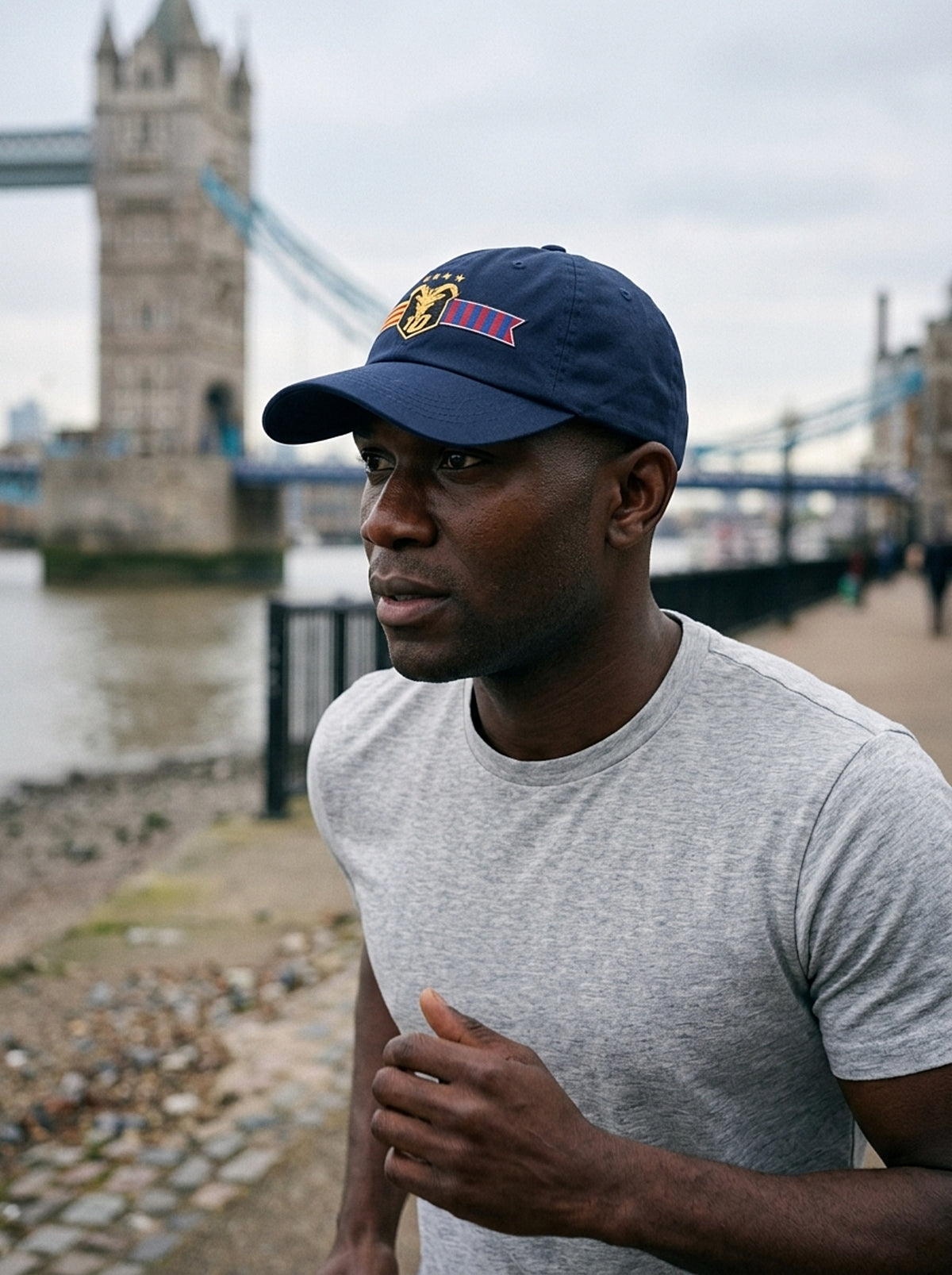 Editorial shot of the GOAT Catalan dad hat in Anụnụ Blue, worn in context.
