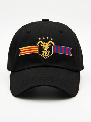 GOAT Catalan dad hat in Oji Black, front view — the full-colour Catalan crest embroidered on the crown: gold goat, No. 10, four stars, split Senyera and blaugrana banner.