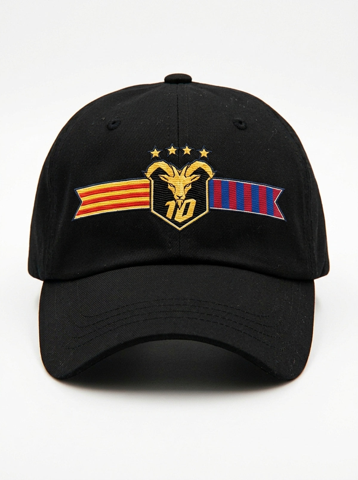 GOAT Catalan dad hat in Oji Black, front view — the full-colour Catalan crest embroidered on the crown: gold goat, No. 10, four stars, split Senyera and blaugrana banner.