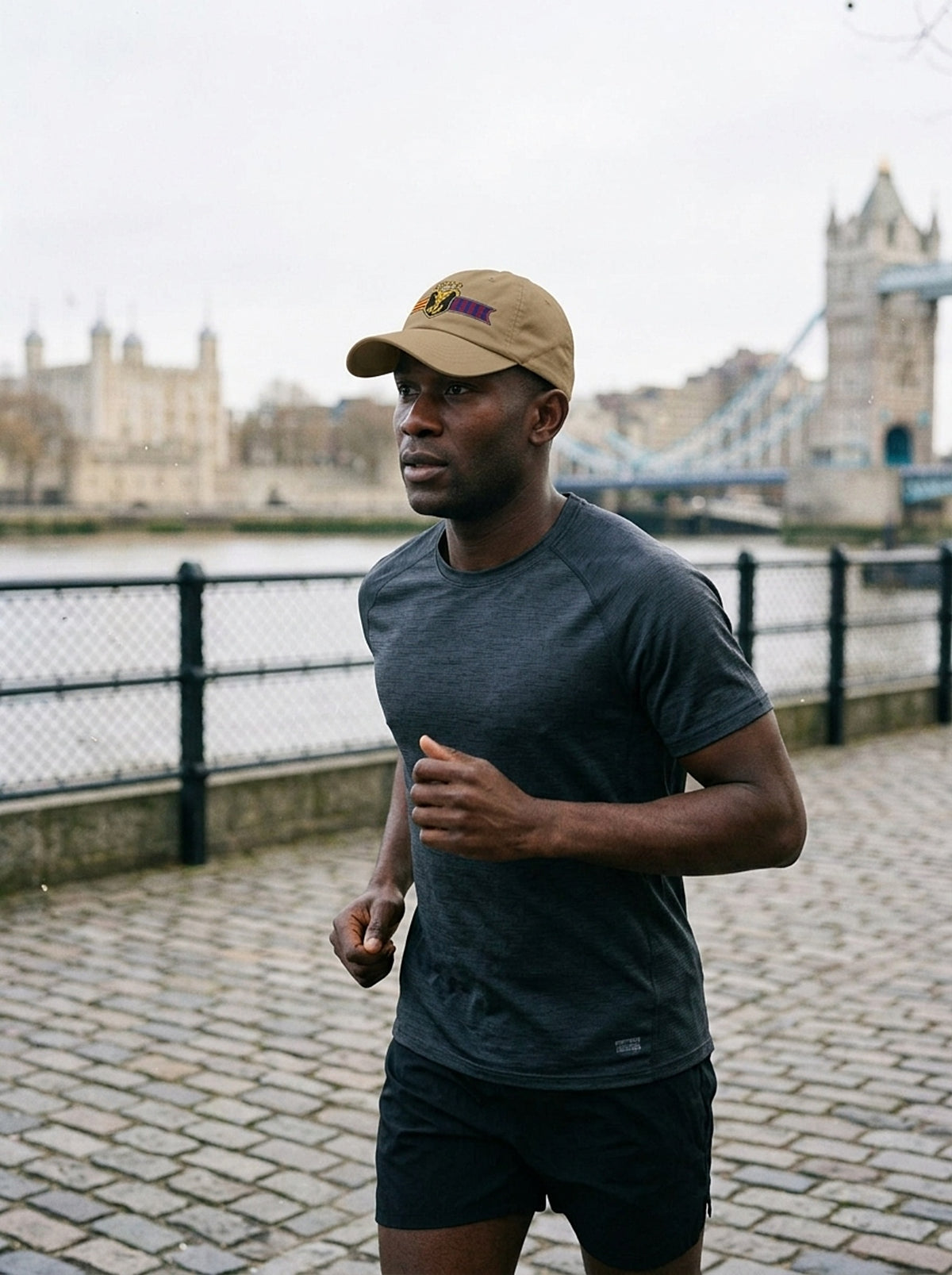 Editorial shot of the GOAT Catalan dad hat in Aja Sand, worn in context.