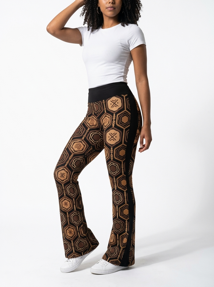 AnanseNova™ Flare Leggings in Oji Black, three-quarter angle right — SunBorn