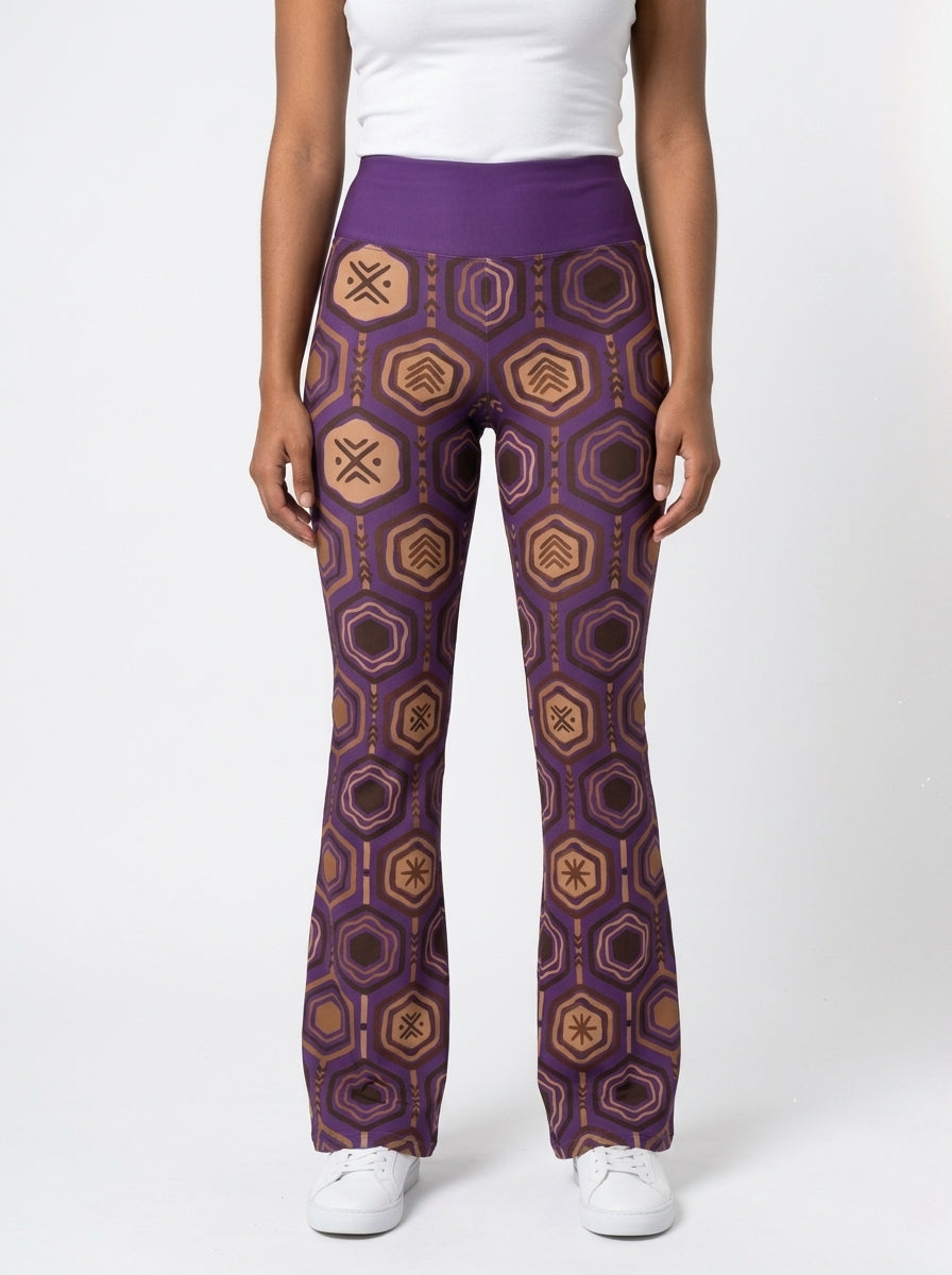 AnanseNova™ Flare Leggings in Ugo Purple, studio front view — SunBorn