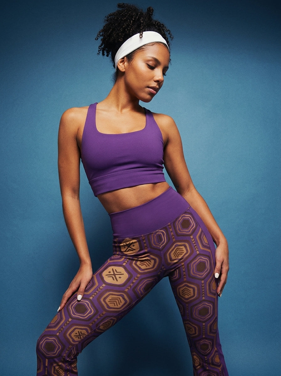 AnanseNova™ Flare Leggings in Ugo Purple, lifestyle candid shot — SunBorn