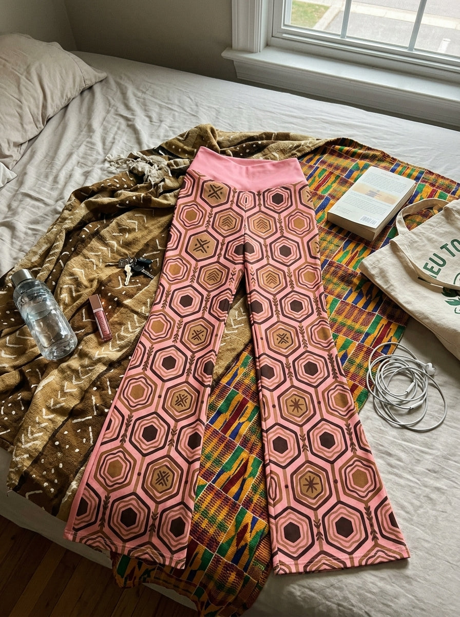 AnanseNova™ Flare Leggings in Adaeze Pink, styled flat lay — SunBorn