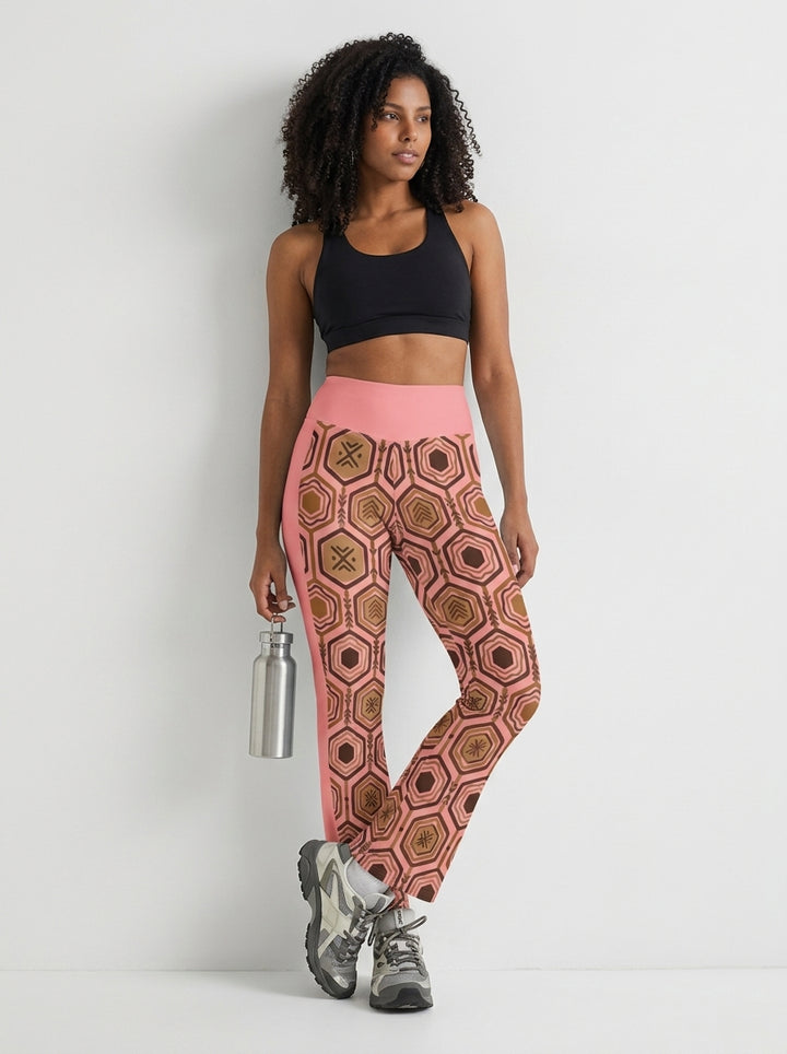 AnanseNova™ Flare Leggings in Adaeze Pink, lifestyle candid shot — SunBorn