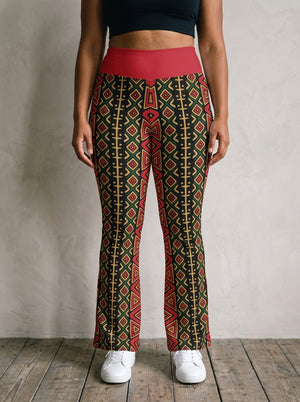 N'Donso™ Flare Leggings in Uhie Red, front view — red Hunter's Road print on black with a solid red high waistband, flared from the knee.