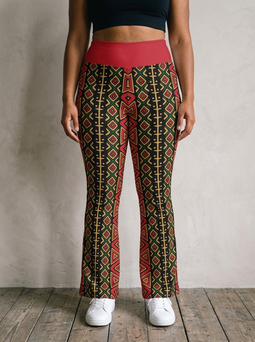 N'Donso™ Flare Leggings in Uhie Red, front view — red Hunter's Road print on black with a solid red high waistband, flared from the knee.