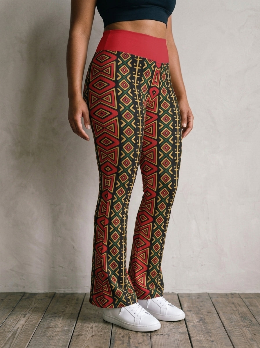 N'Donso™ Flare Leggings in Uhie Red, three-quarter right view — high-waisted flare silhouette.