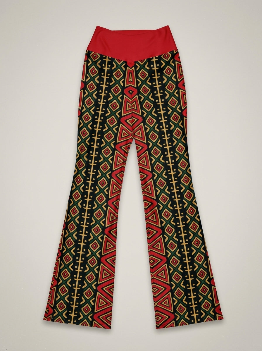 N'Donso™ Flare Leggings in Uhie Red, flat lay — the full Hunter's Road print and solid red waistband.