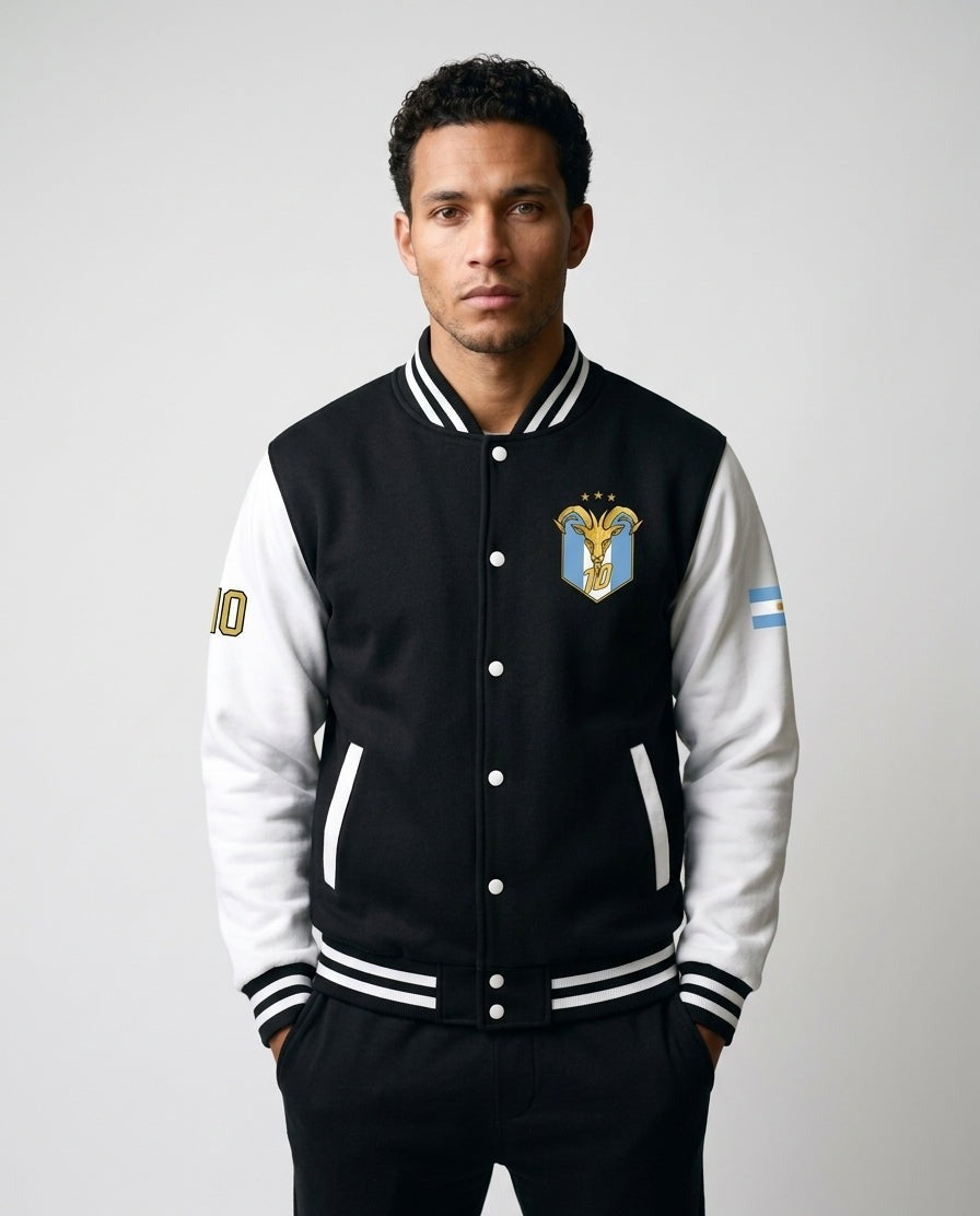 GOAT // Celeste Letterman Jacket in Jet Black / Arctic White, front — full-colour Albiceleste crest.