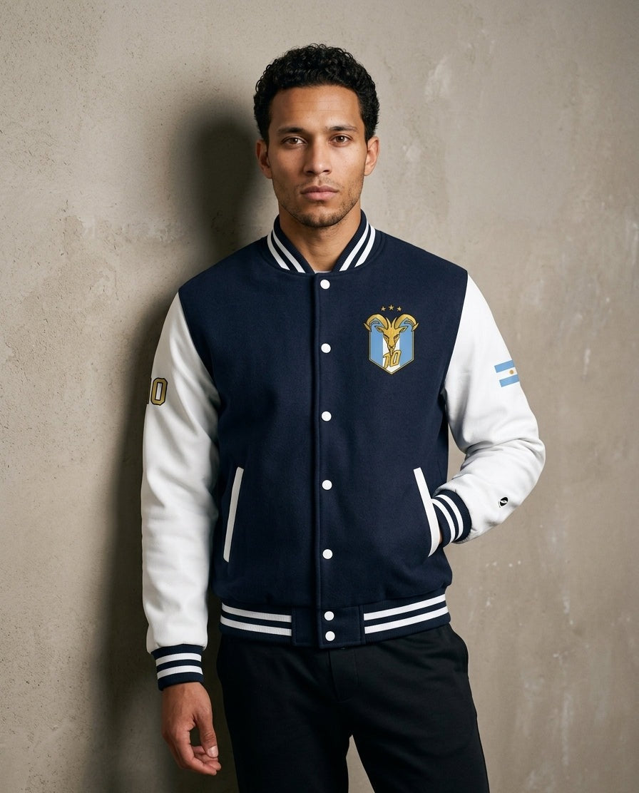 GOAT // Celeste Letterman Jacket in Oxford Navy / Arctic White, front — full-colour Albiceleste crest.