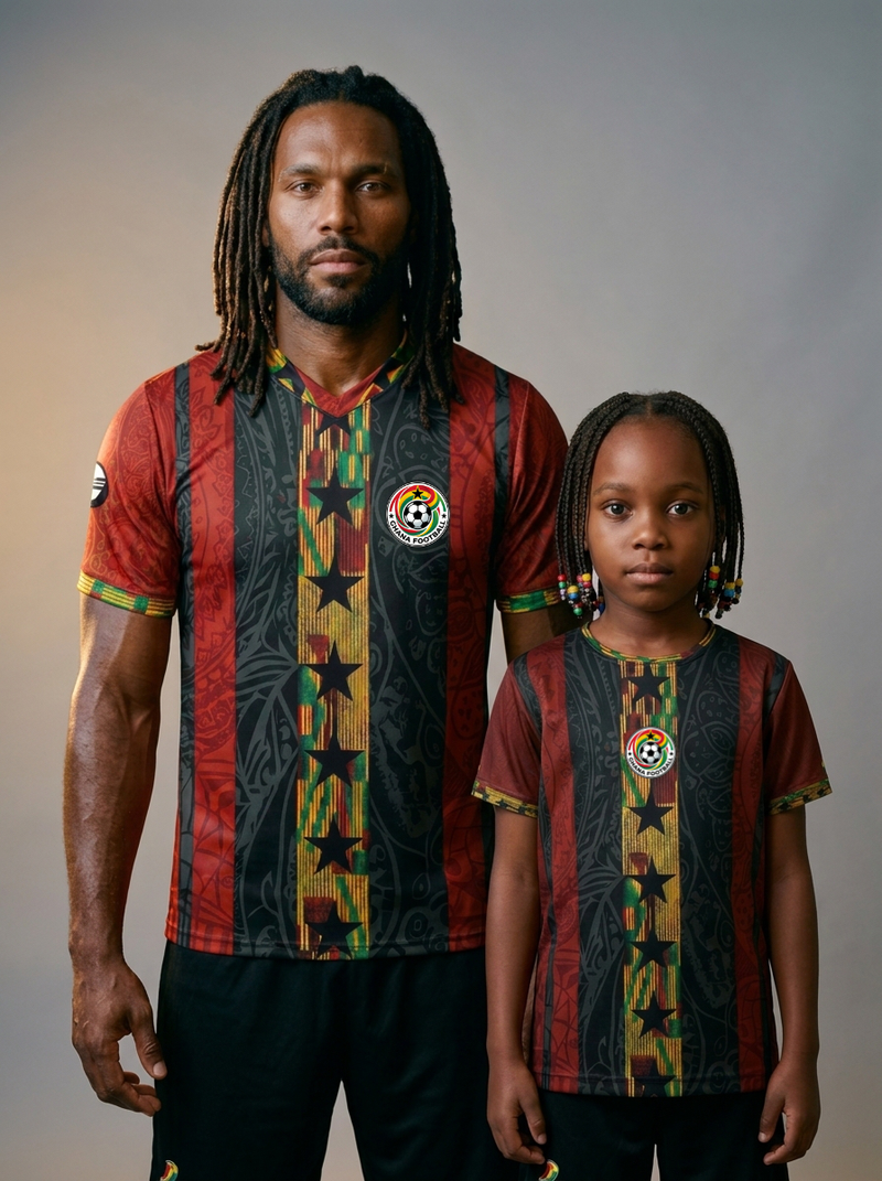 Ghana '26 Family Set — hero shot, two Black Stars jerseys paired, Kente Protocol World Cup 2026 family bundle | SunBorn