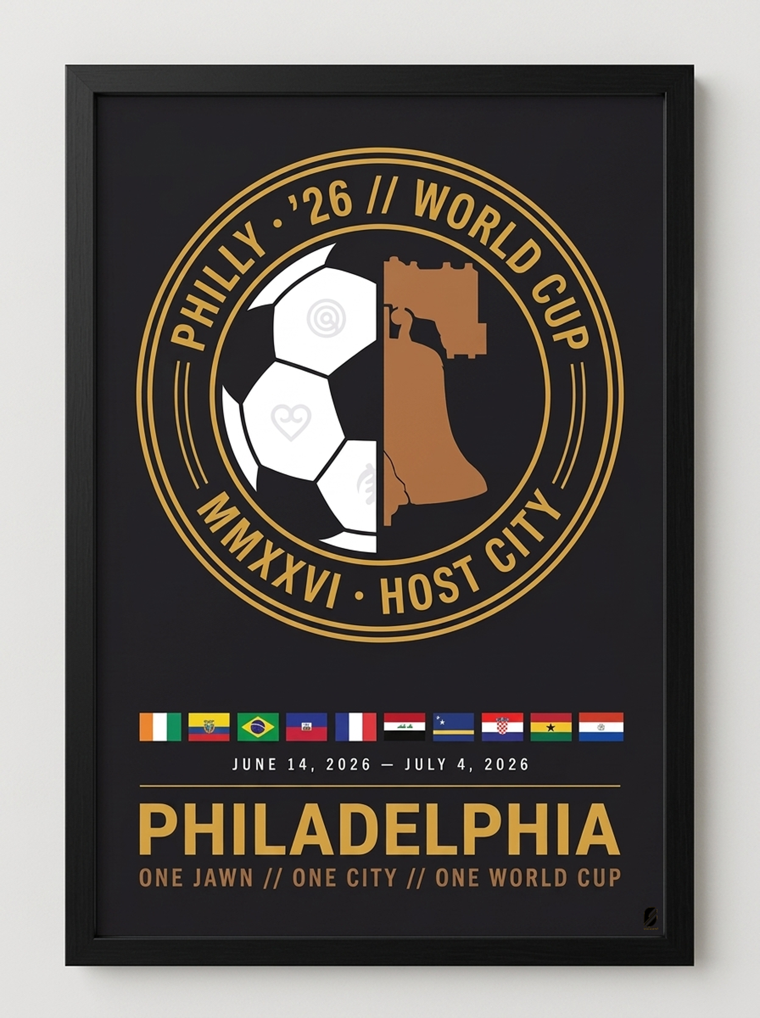 Format swatch: Philadelphia '26 Host City Crest Poster in a black frame.