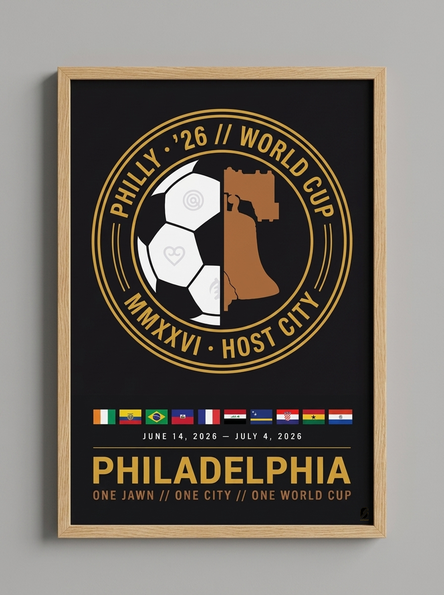 Format swatch: Philadelphia '26 Host City Crest Poster in an oak frame.