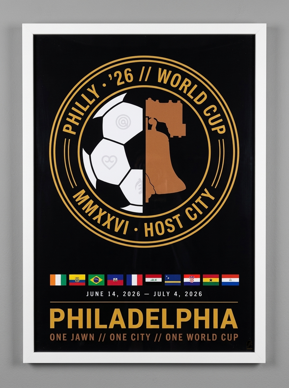Format swatch: Philadelphia '26 Host City Crest Poster in a white frame.