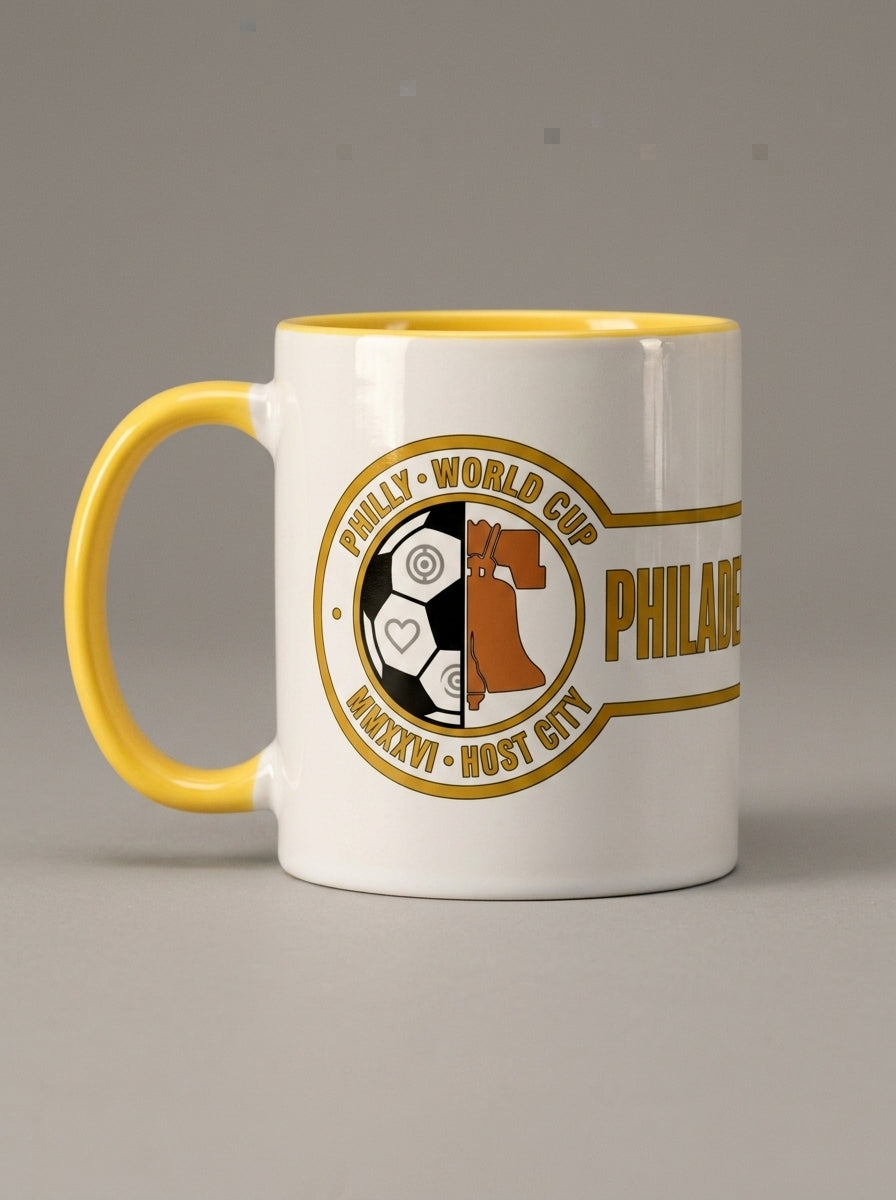 Liberty Protocol Philly '26 Mug — White Ceramic with Lime interior, side profile on neutral tan background