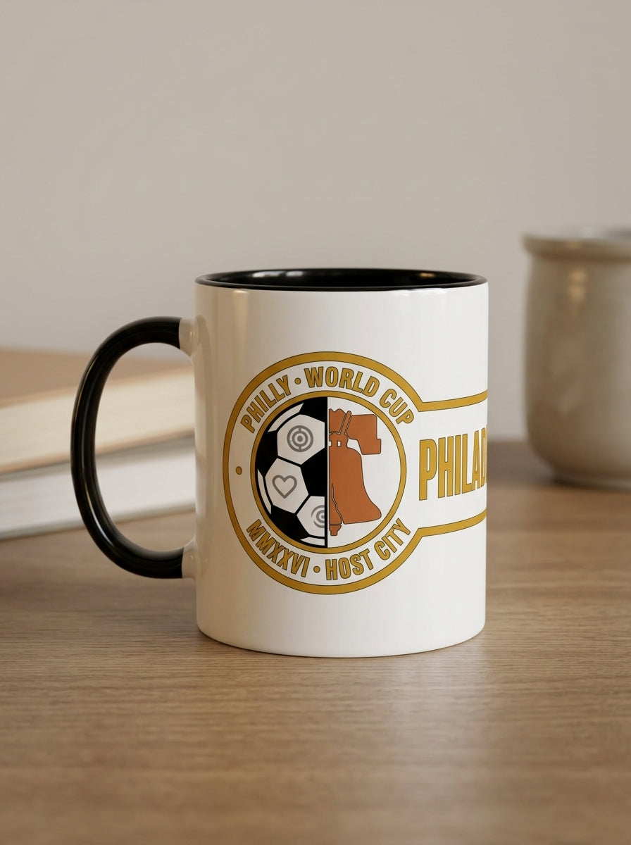 Liberty Protocol Philly '26 Mug — White Ceramic with Black interior, side profile against a neutral wall