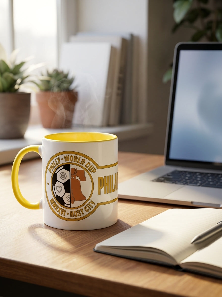Liberty Protocol Philly '26 Mug — White Ceramic with Yellow interior, on a desk with a laptop, notebook, and pen