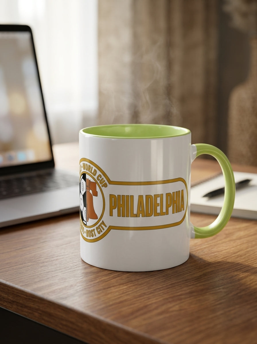 Liberty Protocol Philly '26 Mug — White Ceramic with Lime interior, on a desk with a laptop, notebook, and pen