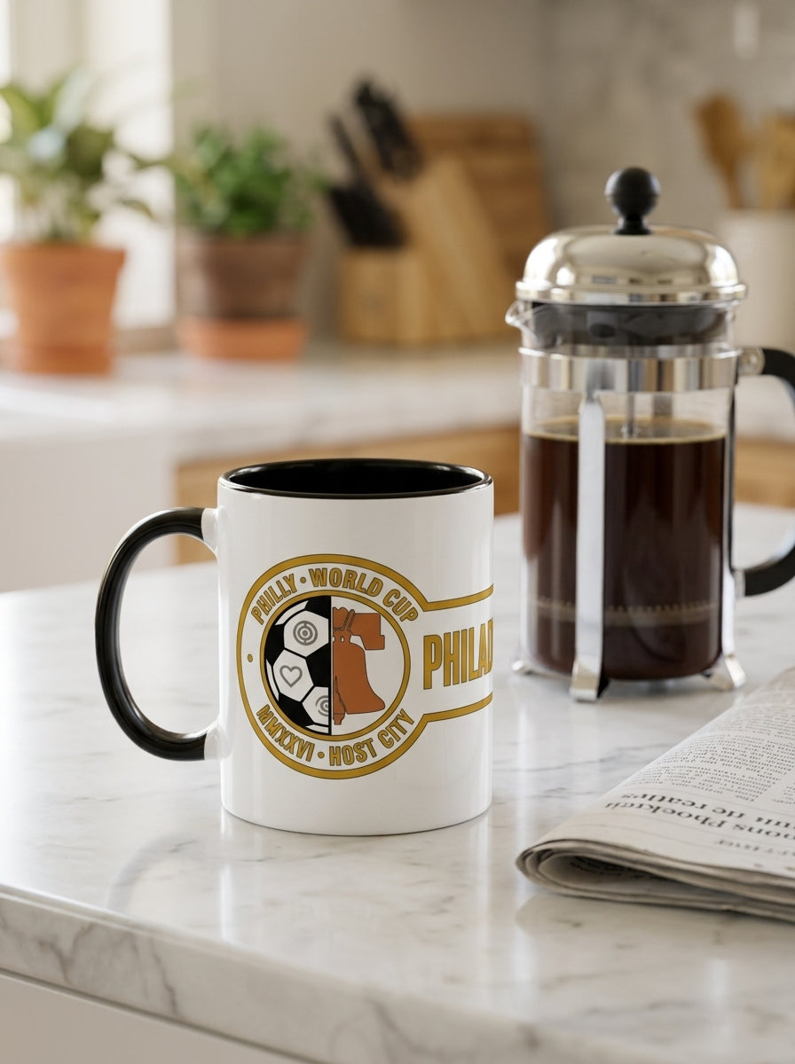Liberty Protocol Philly '26 Mug — White Ceramic with Black interior, on a marble kitchen counter beside a French press