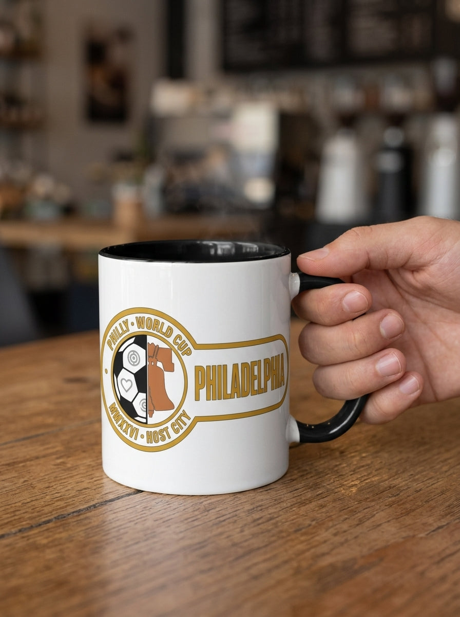 Liberty Protocol Philly '26 Mug — White Ceramic with Black interior, held by the handle in a café setting