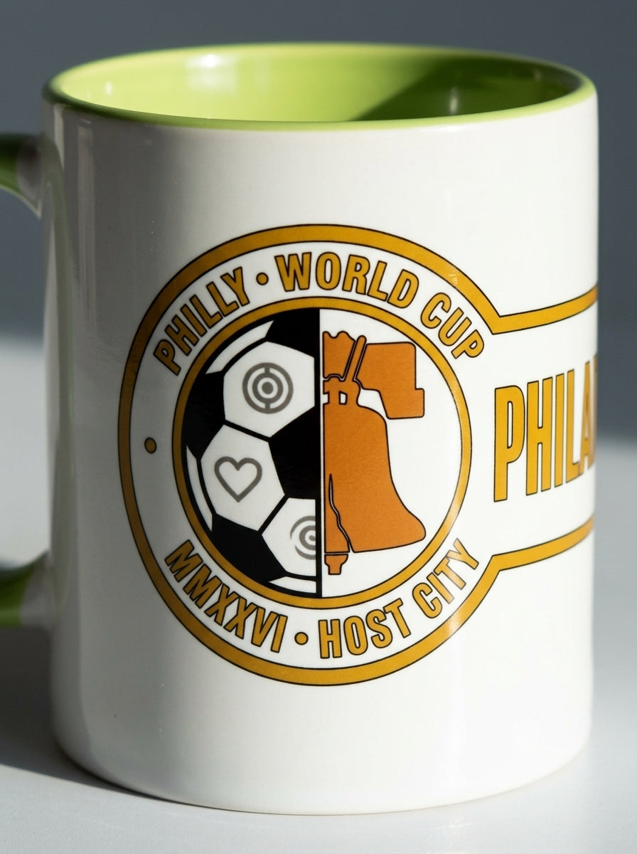 Liberty Protocol Philly '26 Mug — close-up of the Liberty Bell and soccer ball crest with Lime interior visible