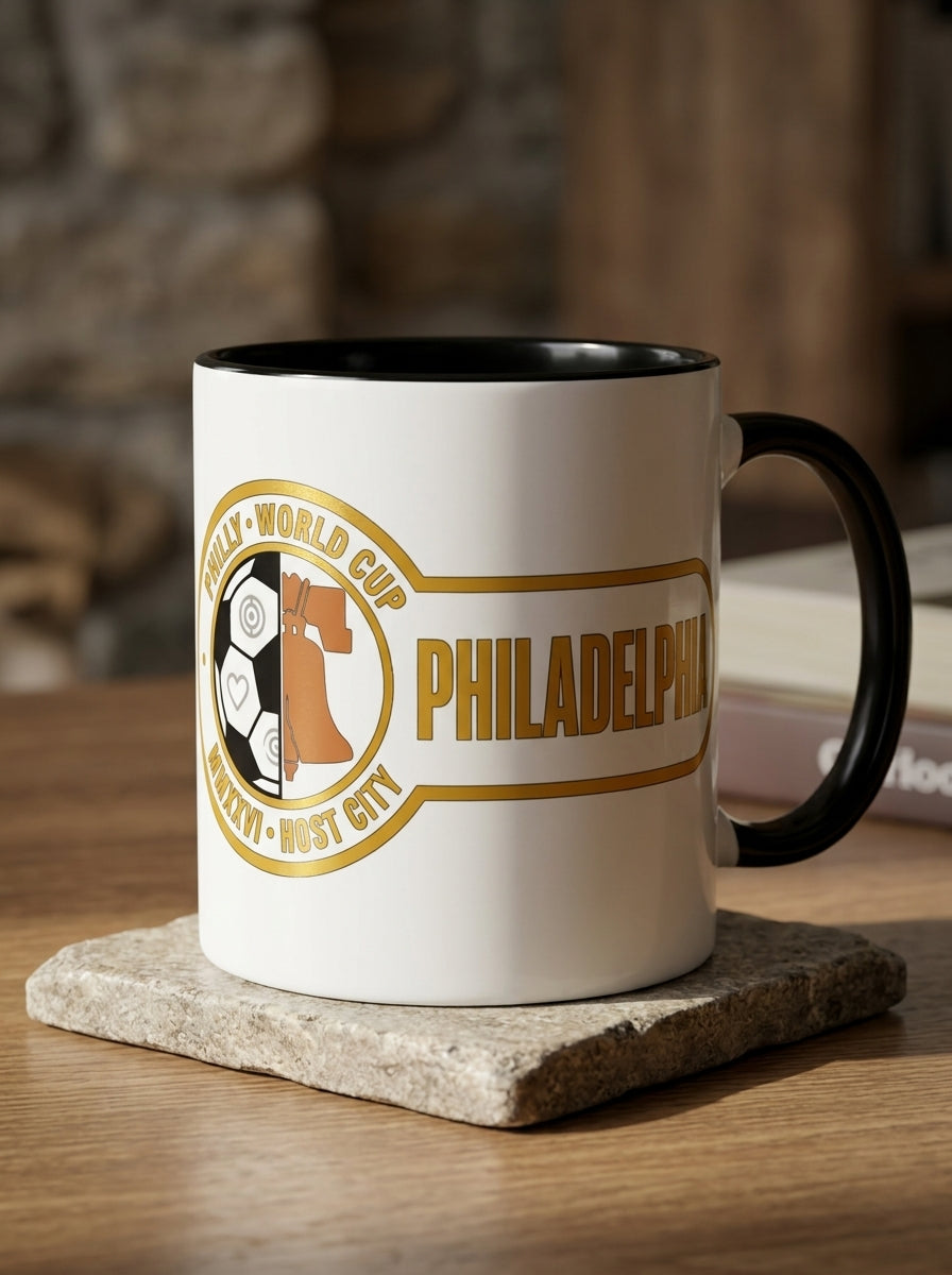 Liberty Protocol Philly '26 Mug — White Ceramic with Black interior, resting on a stone coaster beside books