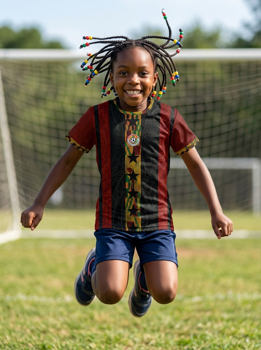 Ghana '26 Kid's Jersey — kinetic action shot, youth athlete in motion wearing Kente Protocol | SunBorn