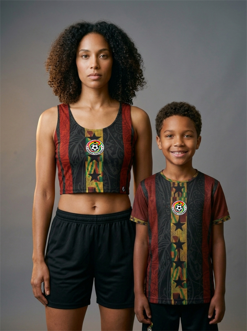 Ghana '26 Mama's Set — front diptych hero, Mom in Women's Crop + Kid in Jersey, Kente Protocol kente weave across both kits | SunBorn