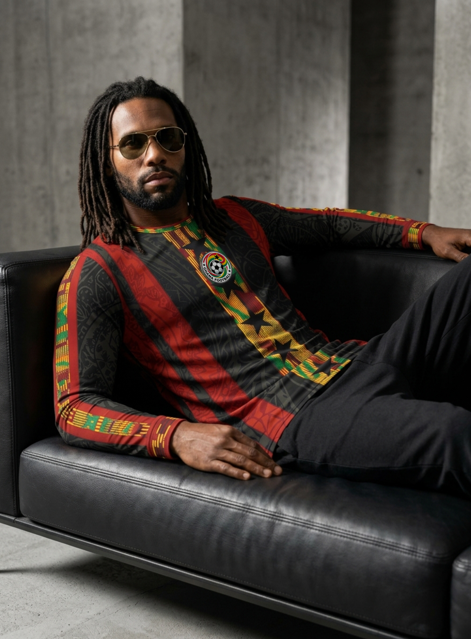 Lifestyle shot — Ghana '26 Long Sleeve worn off-pitch, Kente Protocol off duty