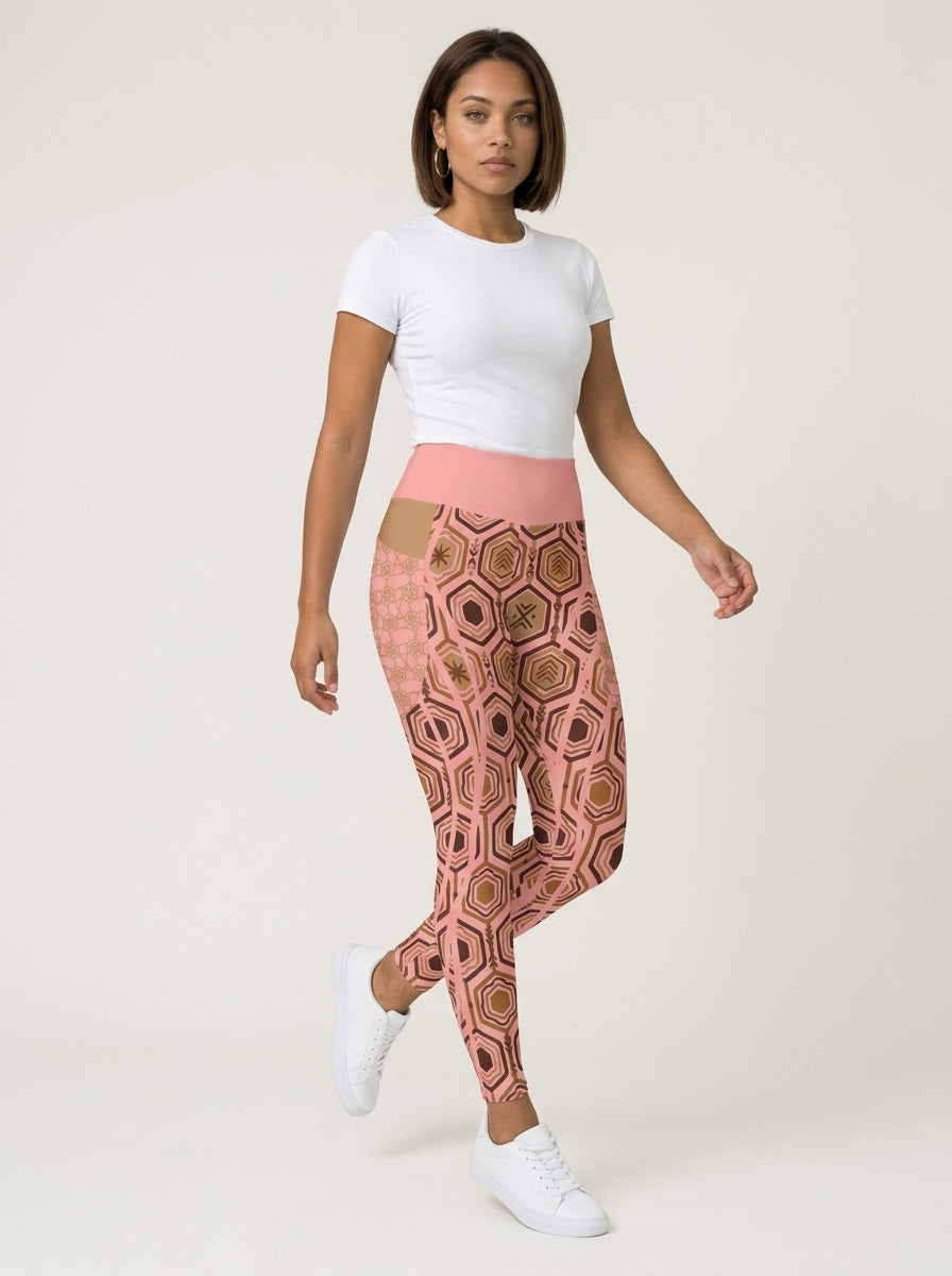 AnanseNova™ Pocket Leggings in Adaeze Pink, front view on model — hexagon web-cell print with solid high waistband
