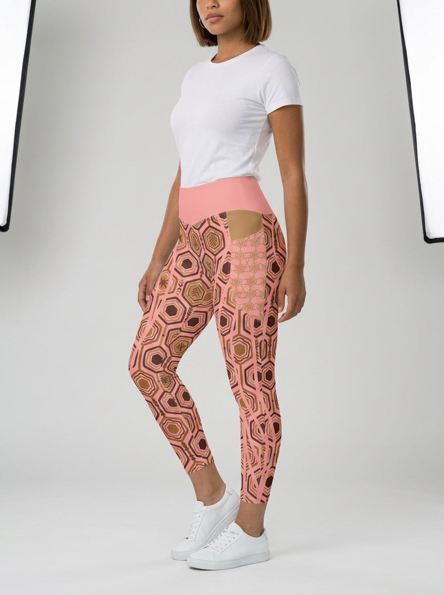 AnanseNova™ Pocket Leggings in Adaeze Pink, three-quarter left view on model