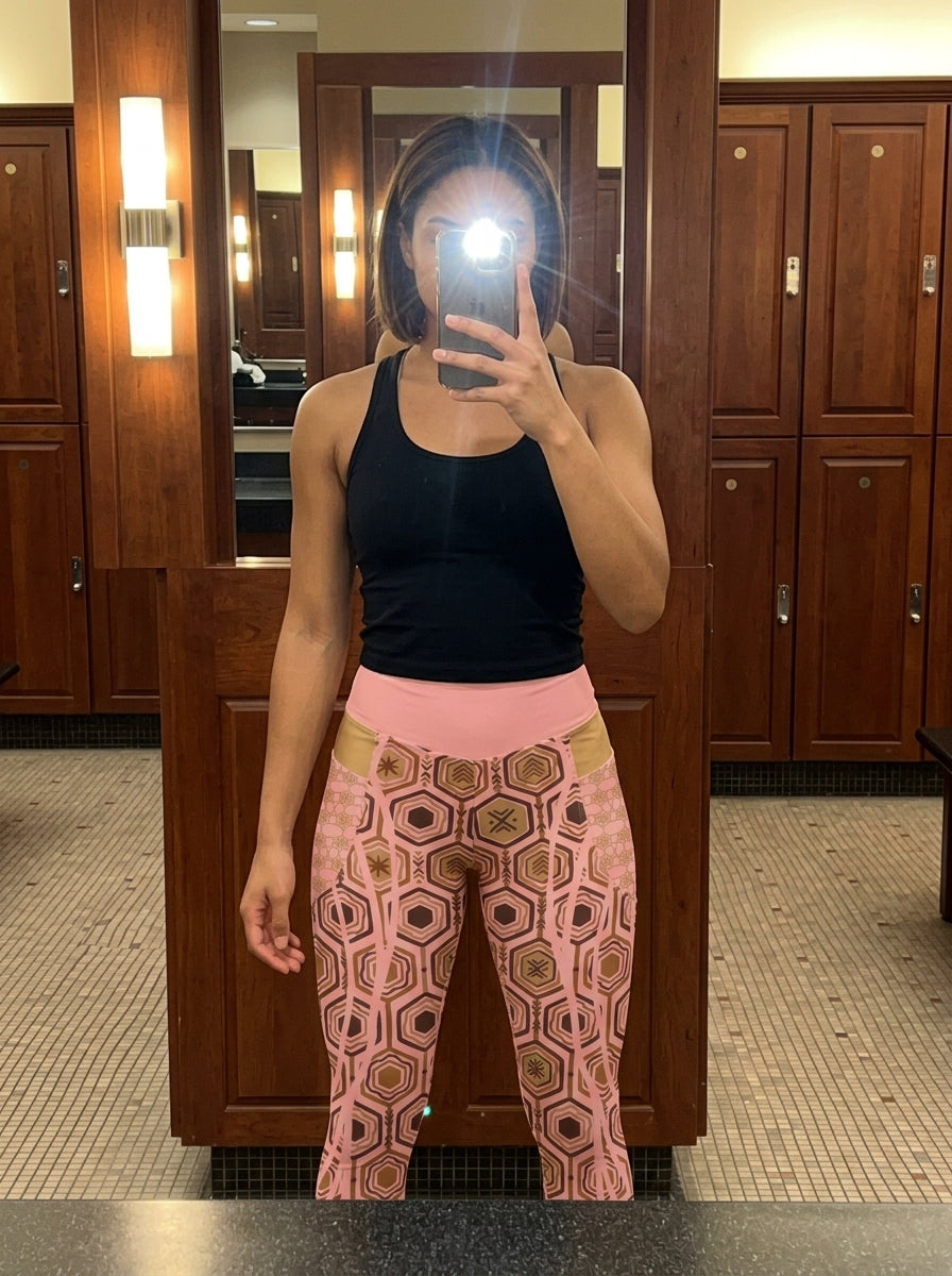 Pilates studio selfie in the AnanseNova™ Pocket Leggings in Adaeze Pink