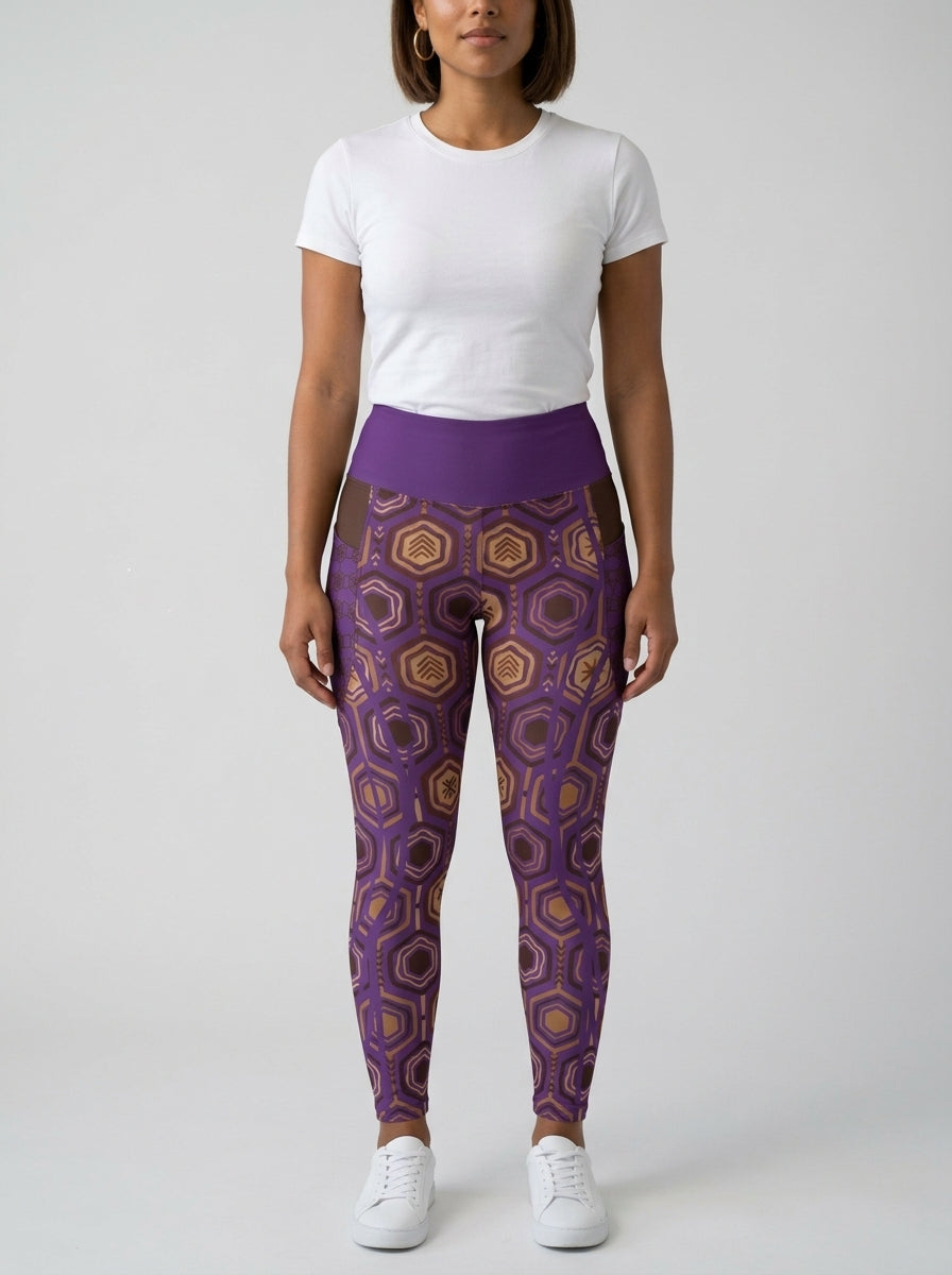 AnanseNova™ Pocket Leggings in Ugo Purple, front view on model — hexagon web-cell print with solid high waistband