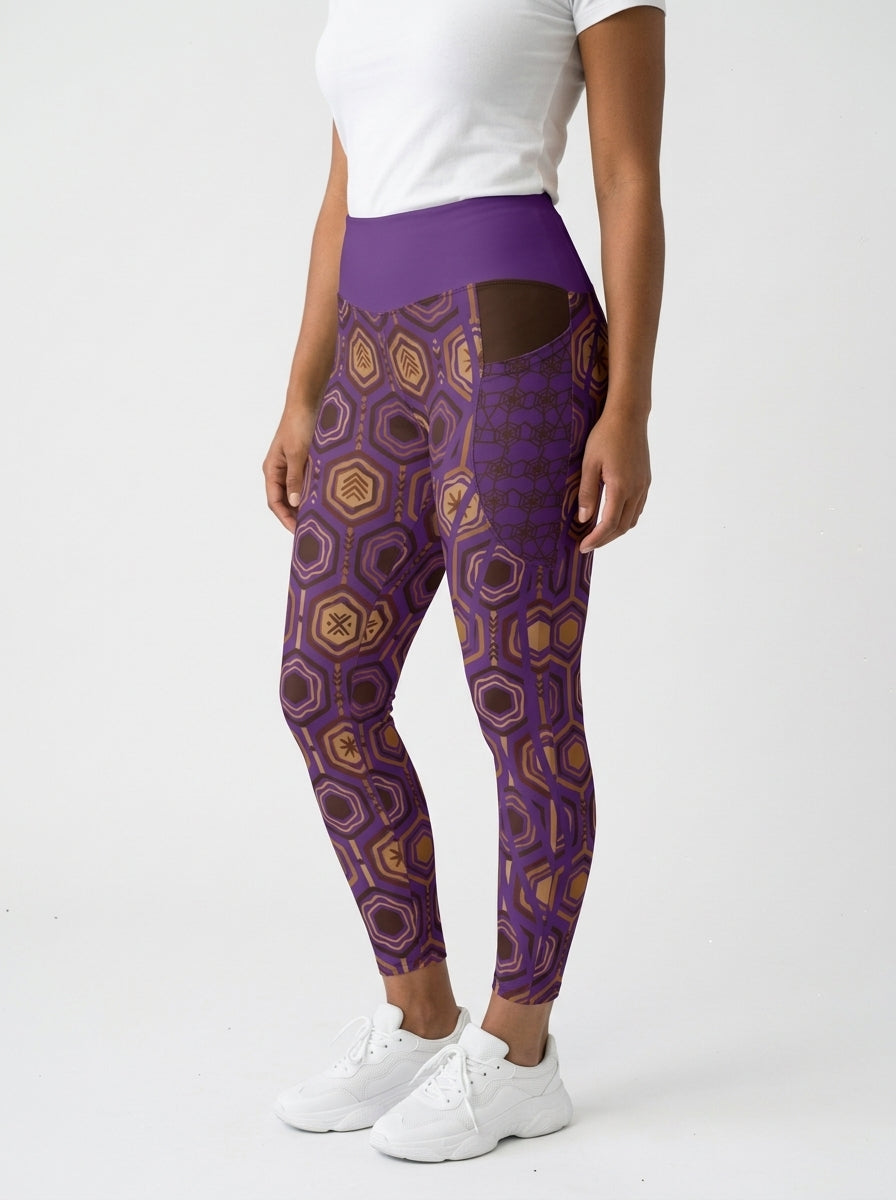 AnanseNova™ Pocket Leggings in Ugo Purple, three-quarter left view on model