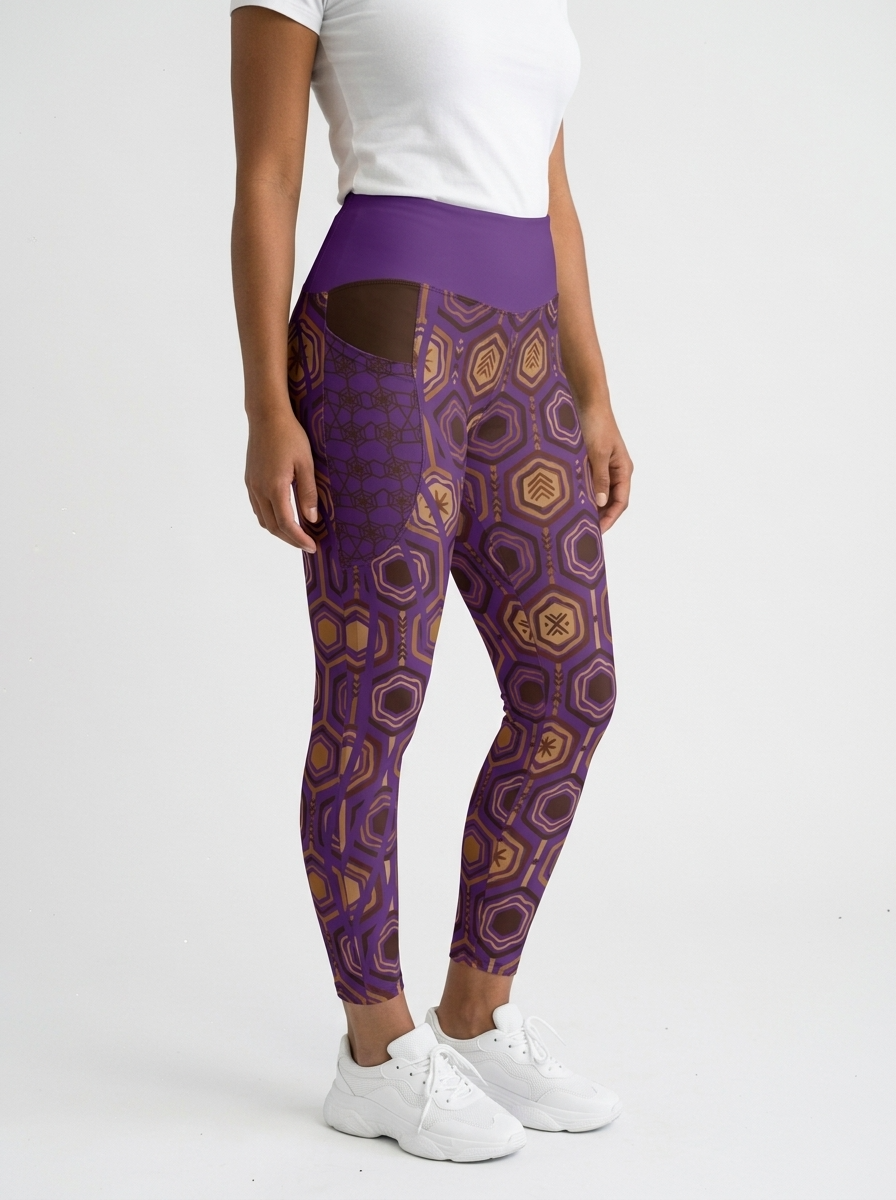 AnanseNova™ Pocket Leggings in Ugo Purple, three-quarter right view on model showing the side pocket