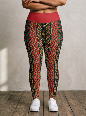 N'Donso™ Pocket Leggings in Uhie Red, front view — red Hunter's Road print on black with a solid red high waistband and the gold SunBorn mark.