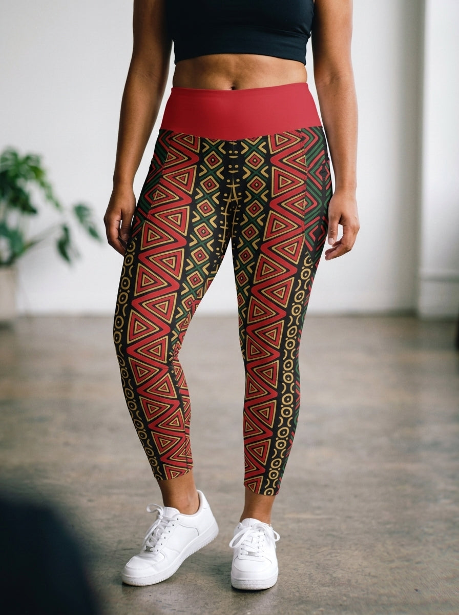 Model in the N'Donso™ Pocket Leggings (Uhie Red), front studio shot — high-waisted fit, Hunter's Road print.