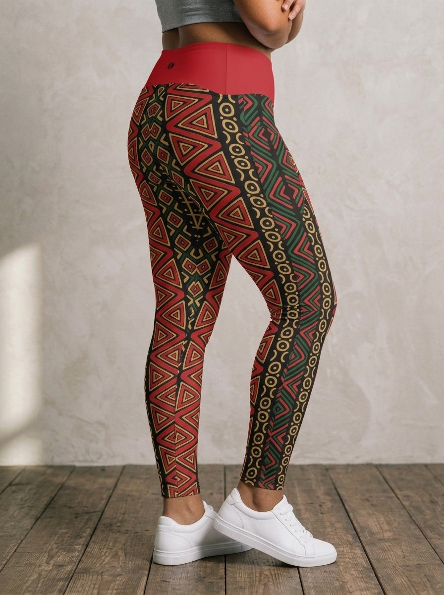 N'Donso™ Pocket Leggings in Uhie Red, three-quarter right view — high-waisted close fit with a side pocket.