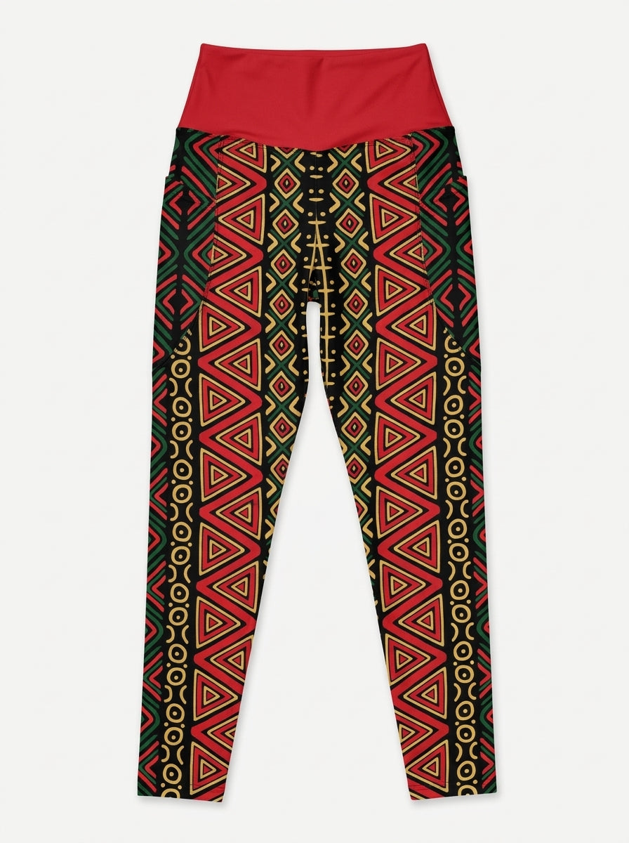 N'Donso™ Pocket Leggings in Uhie Red, flat lay — the full Hunter's Road print and solid red waistband.