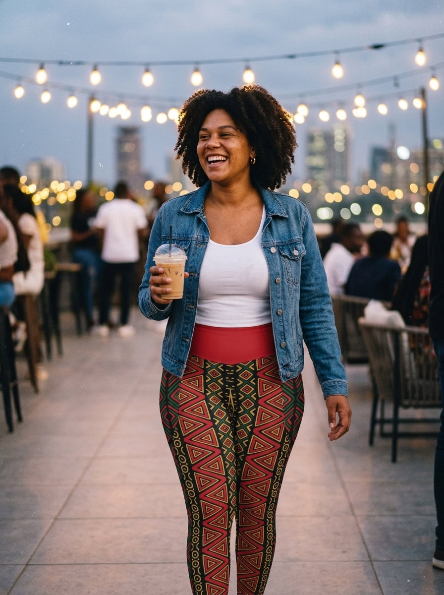 Model wearing the N'Donso™ Pocket Leggings in Uhie Red, candid lifestyle shot.