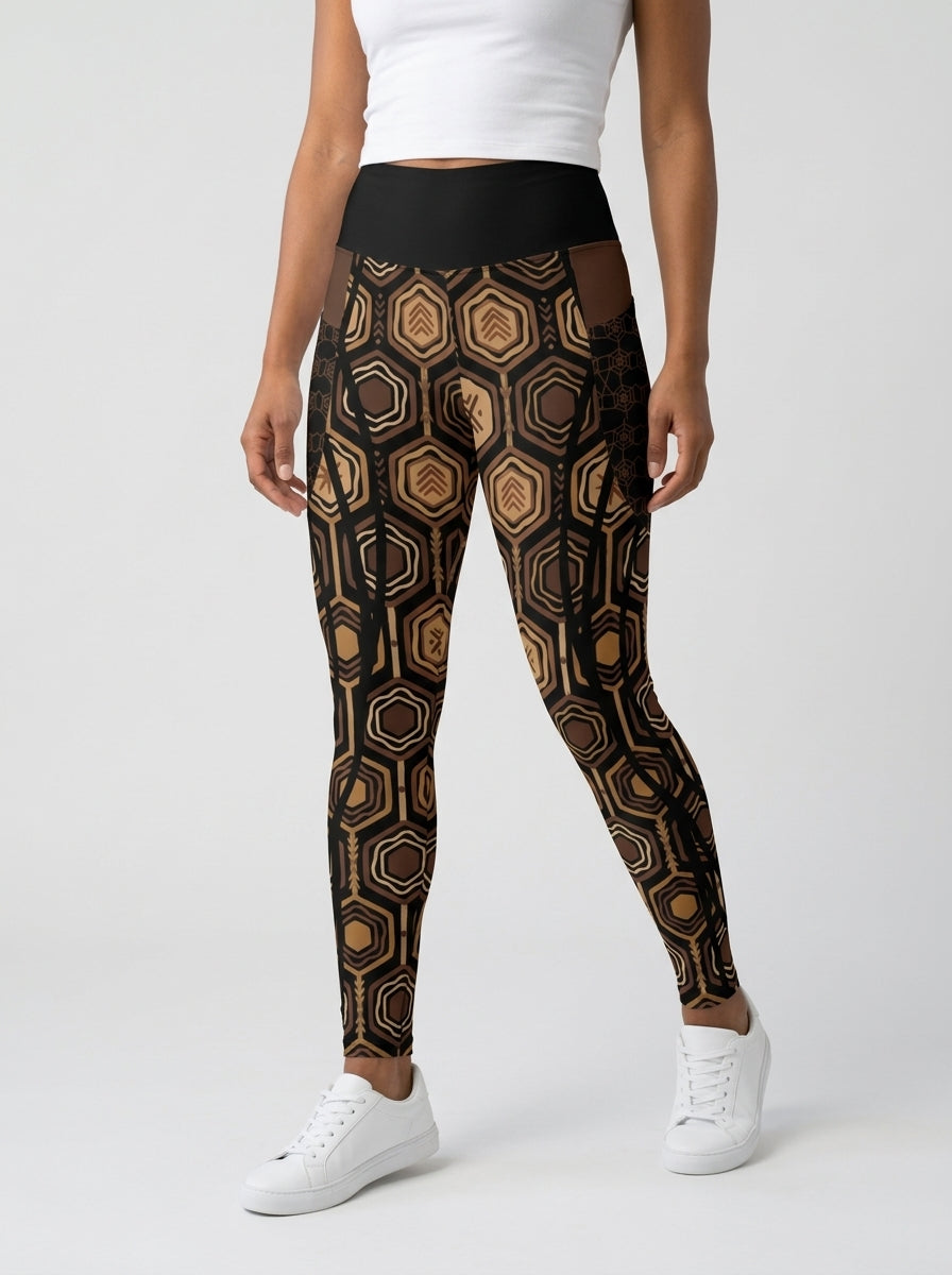 AnanseNova™ Pocket Leggings in Oji Black, front view on model — hexagon web-cell print with solid high waistband