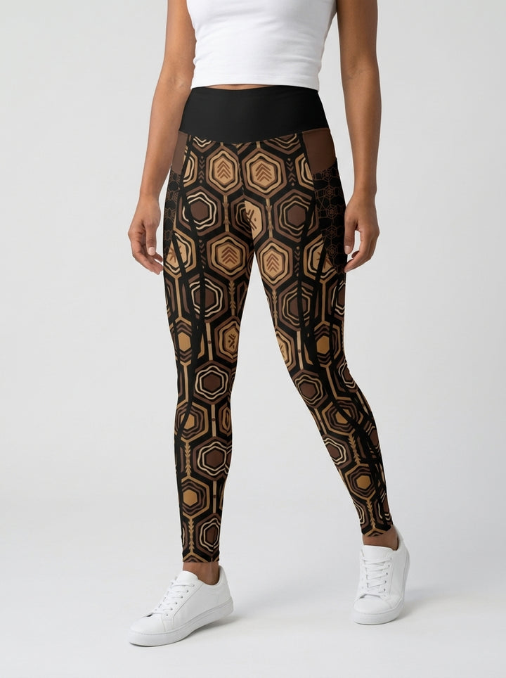 AnanseNova™ Pocket Leggings in Oji Black, front view on model — hexagon web-cell print with solid high waistband