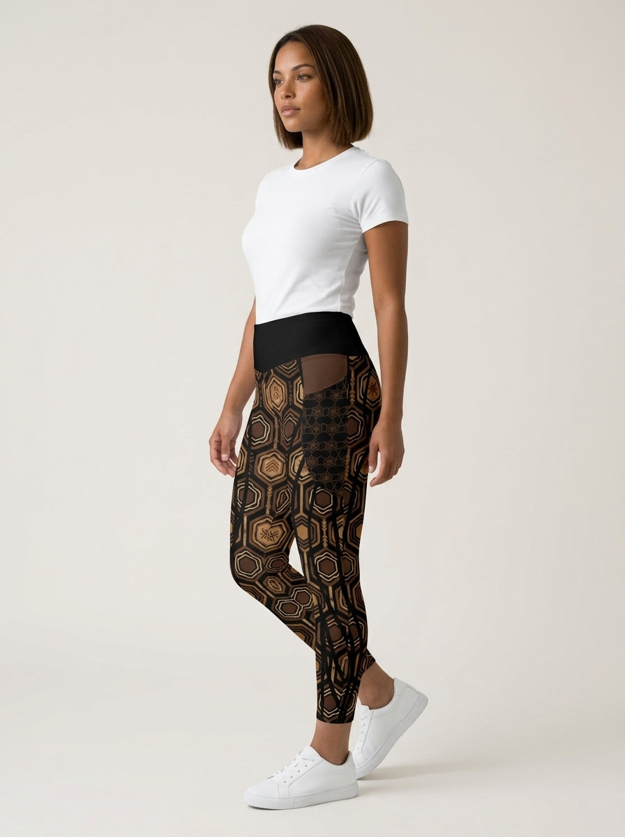AnanseNova™ Pocket Leggings in Oji Black, three-quarter left view on model