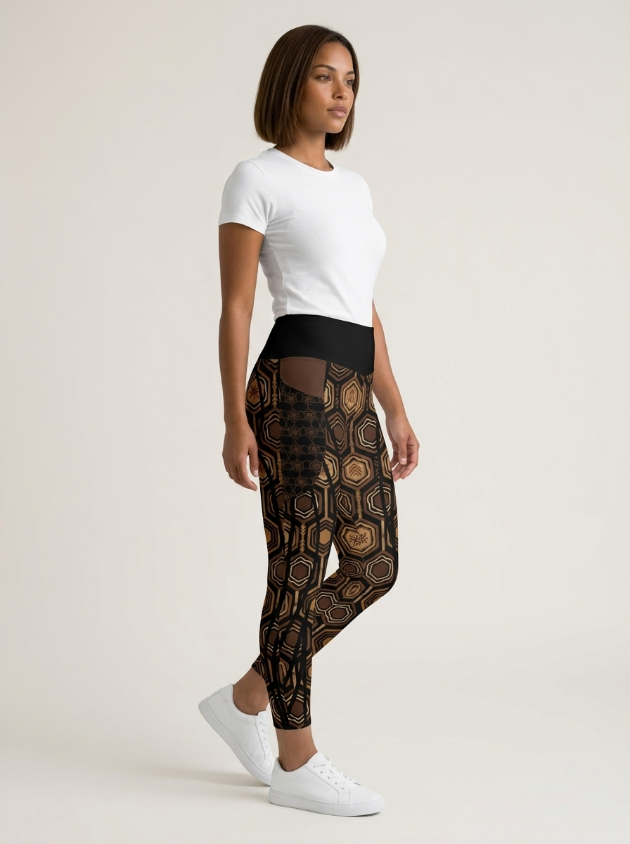 AnanseNova™ Pocket Leggings in Oji Black, three-quarter right view on model showing the side pocket