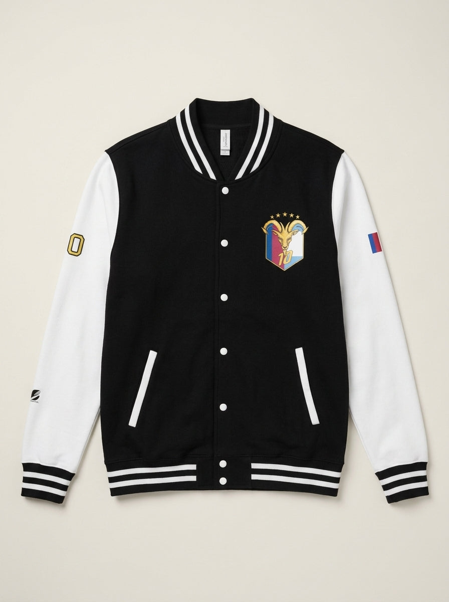 GOAT // Fusión Letterman Jacket in Jet Black/Arctic White, clean flat lay showing the full varsity silhouette